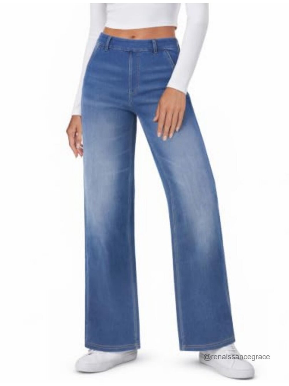 Womens Wide Leg High Waist Pull On Stretchy Jeans 4 Pockets